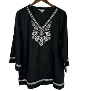Tommy Bahama Au Natural 3/4 Sleeve Black Linen Tunic M Embroidered Beaded Boho